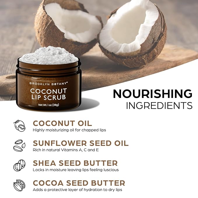 Brooklyn Botany Lip Scrub Exfoliator 1 oz – Lip Moisturizer for Dry Lips and Chapped Lips – Gentle Lip Exfoliator for Smooth and Brighter Lips – Coconut Flavor-VivaGrace Women