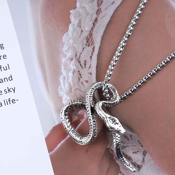 Vintage Snake Pendant Necklace Punk Snake Necklace Serpent Choker Necklace Silver Box Chain Necklace Jewelry for Women-VivaGrace Women