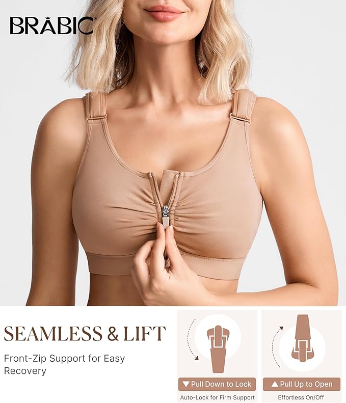 BRABIC Zip Front Closure Everyday Bra for Women Post Surgery Compression Support with Adjustable Straps Wirefree-VivaGrace Women