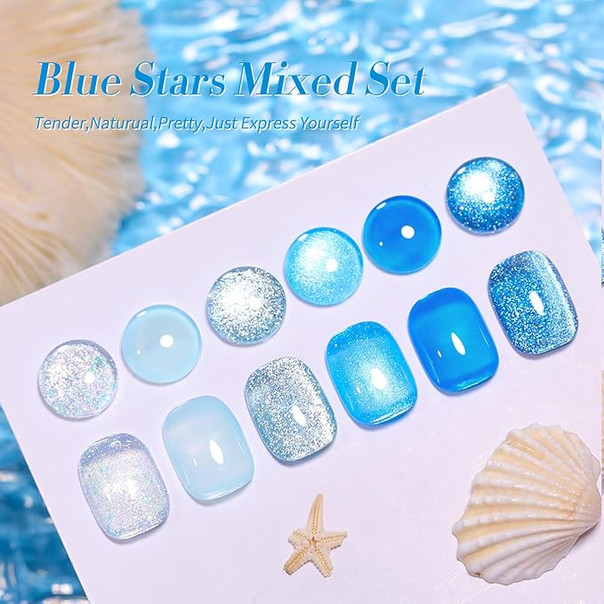 Born Pretty Gel Nail Polish Blue Series,Jelly Transparent,Cat Magnetic Eye,Shimmer Glitter Holographic Blue Gel Polish Kit for Salon Manicure and Nail Art DIY at Home 6Colors-VivaGrace Women