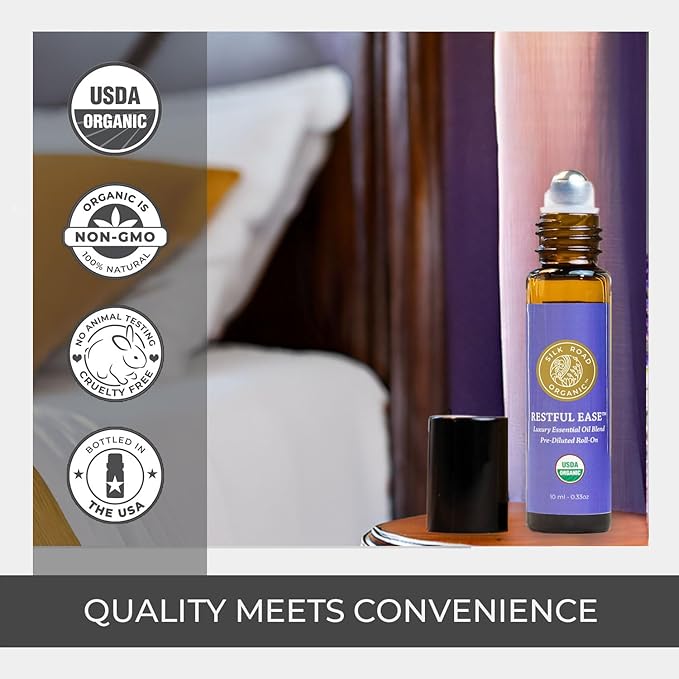 Silk Road Organic Restful Ease Essential Oil Sleep & Stress Blend Roll On - 100% Pure USDA Certified with Indian Sandalwood - Stress Ease Aromatherapy & Calming Relaxation - 10 ml Roller-VivaGrace Women