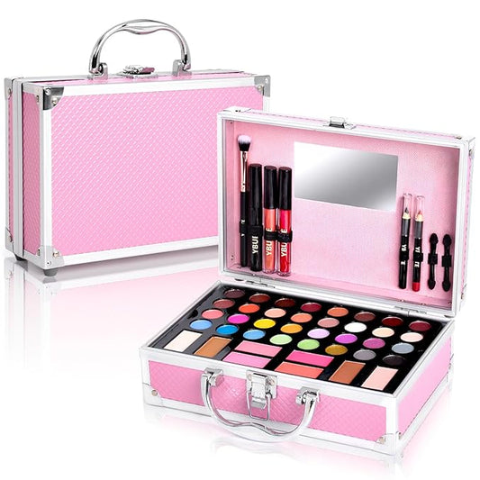 Beginner Makeup Kit for Teen,Makeup Gift Set for Girl Women,Beginner Makeup Kit with Cosmetic Train Case Included 32 Colors Eyeshadow Blusher Contour Lip Gloss Lip Liner Mascara Eyeliner Mirror-VivaGrace Women