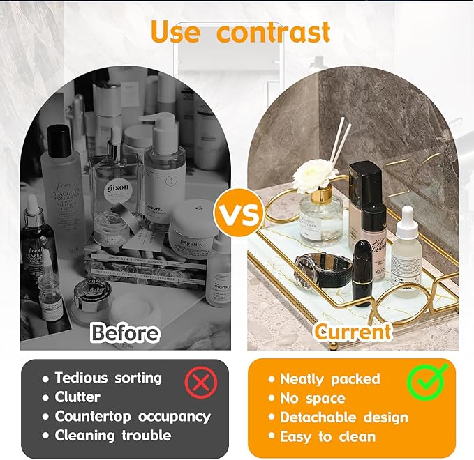 Vanity Tray Luxury Bathroom Counter Tray Glass Perfume Organizer Holder Cosmetics Makeup Skincare Display Decorative Vanity Trays for Bathroom Dresser Bedroom (Platinum, L)-VivaGrace Women