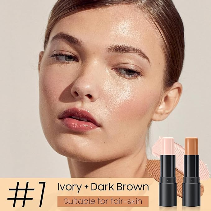 2023 Upgrade Contour Stick, 2 Colors Double-end Contour Highlighter Stick Contour Stick Face Highlighter Contour Makeup Contouring Sticks Cream Concealer (Ivory, Dark Brown)-VivaGrace Women