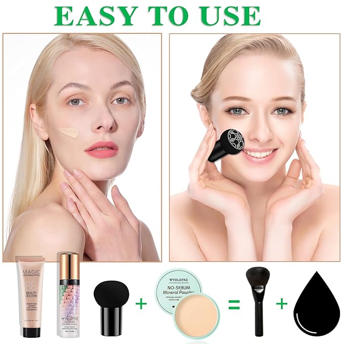 Mushroom Head Air Cushion CC Cream + BB Cream + Tri-color Color Corrector Isolation Cream Foundation Set Moisturizing Full Coverage Foundation Concealer Lasting Foundation Makeup Base Primer（7 Pcs）-VivaGrace Women