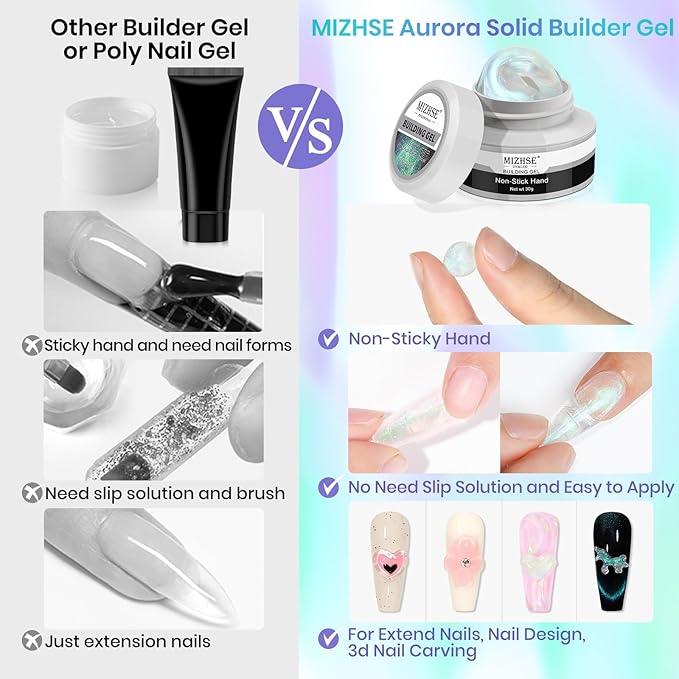 MIZHSE Solid Builder Gel for Nails – 2PCS 1oz Mermaid Pearl & Clear Hard Gel Kit with Nail Forms 3D Mold Soak-off U V 3D for Nails Extension for Salon Manicure Home DIY-VivaGrace Women