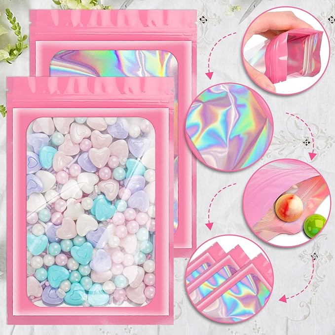 ANZNKU 100 Pack Mylar Bags Reasealable Holographic Bags, Smell Proof Bag Zipper Pouches with Clear Window, Jewelry Candy Sealable Bag for Packaging Sample Party Favor (Pink, 7.1 x 10.2 Inch)-VivaGrace Women