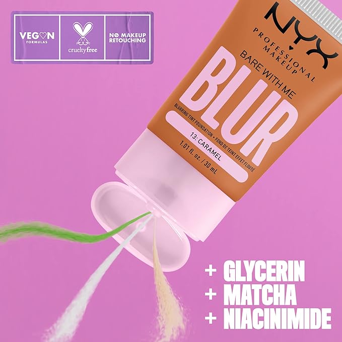 NYX PROFESSIONAL MAKEUP Bare With Me Blur Skin Tint Foundation Make Up with Matcha, Glycerin & Niacinamide - Caramel-VivaGrace Women