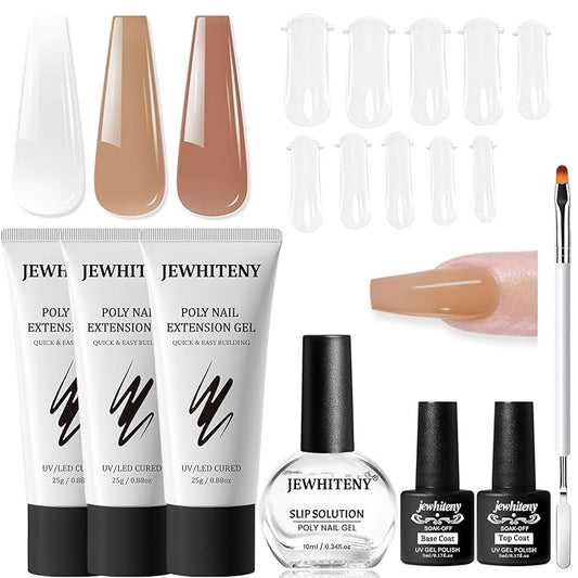 JEWHITENY Poly Nail Gel Set Clear Nude Brown Neutral Classic Color Base and Top Coat Slip Solution Poly Extension Gel With Acrylic Nail Builder Need U V Lamp Curing-VivaGrace Women
