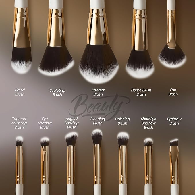 Makeup Brushes Set 12 Piece Professional & Beginner Friendly, Soft Synthetic Bristles for Face Eyeshadow Blending, Easy to Clean Travel Ready with Case, Ergonomic Wooden Handle Hypoallergenic (White)-VivaGrace Women