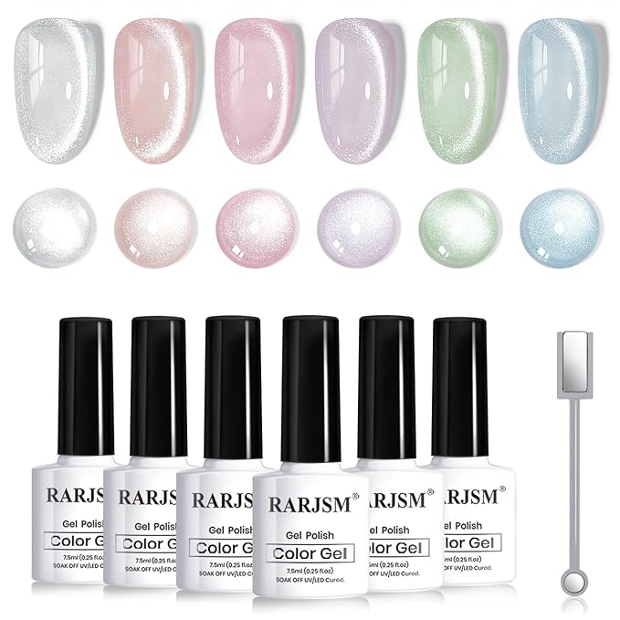 RARJSM Sparkle Diamond Cat Eye Gel Nail Polish Set 6 Colors Nude Pink Milky Jelly Purple Green Blue Silver Glitter Cateye Gel Polish with Magnet Stick UV LED Curing Requires Soak Off Home Salon Diy-VivaGrace Women