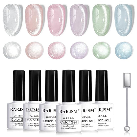 RARJSM Sparkle Diamond Cat Eye Gel Nail Polish Set 6 Colors Nude Pink Milky Jelly Purple Green Blue Silver Glitter Cateye Gel Polish with Magnet Stick UV LED Curing Requires Soak Off Home Salon Diy-VivaGrace Women