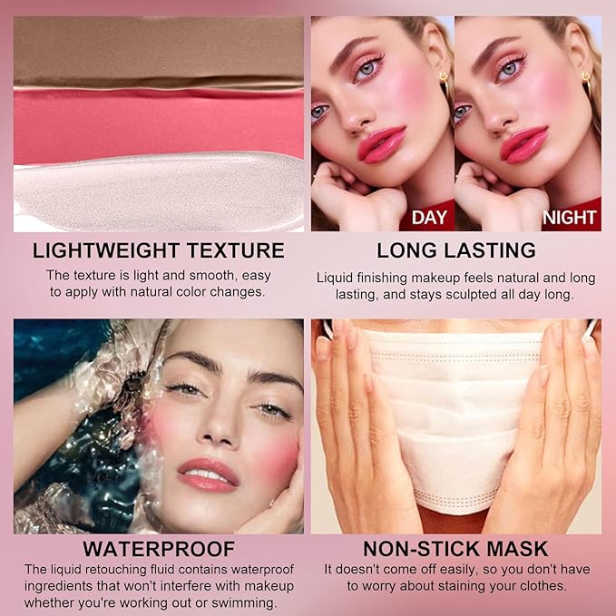 3Pcs Liquid Contour Makeup Trio with Bronzer Shade, Blush, Highlighter for Sculpted Makeup, Matte Finish Liquid Contour Set Easy to Create a Lightweight Look, Longwear Waterproof Formula (4, 7, 12)-VivaGrace Women