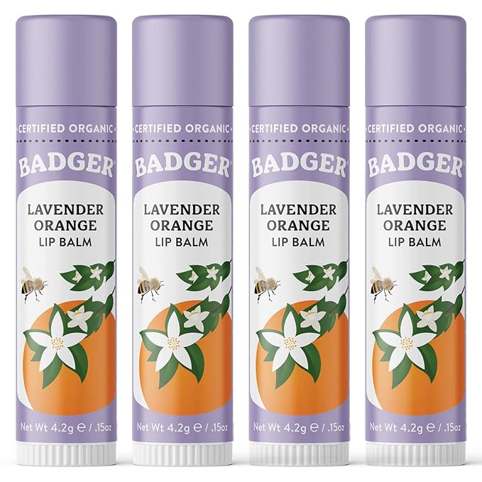 Badger - Classic Lip Balm, Lavender & Orange, Made with Organic Olive Oil, Beeswax & Rosemary, Certified Organic, Moisturizing Lip Balm, 0.15 oz (4 Pack)-VivaGrace Women