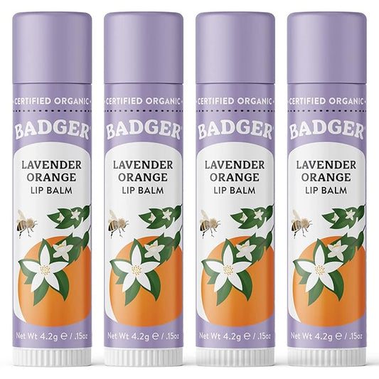 Badger - Classic Lip Balm, Lavender & Orange, Made with Organic Olive Oil, Beeswax & Rosemary, Certified Organic, Moisturizing Lip Balm, 0.15 oz (4 Pack)-VivaGrace Women