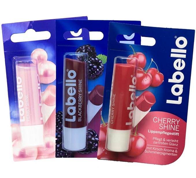 Labello Pearly Shine, Labello Blackberry Shine, Labello Cherry Shine Lip Balm Bundle-VivaGrace Women