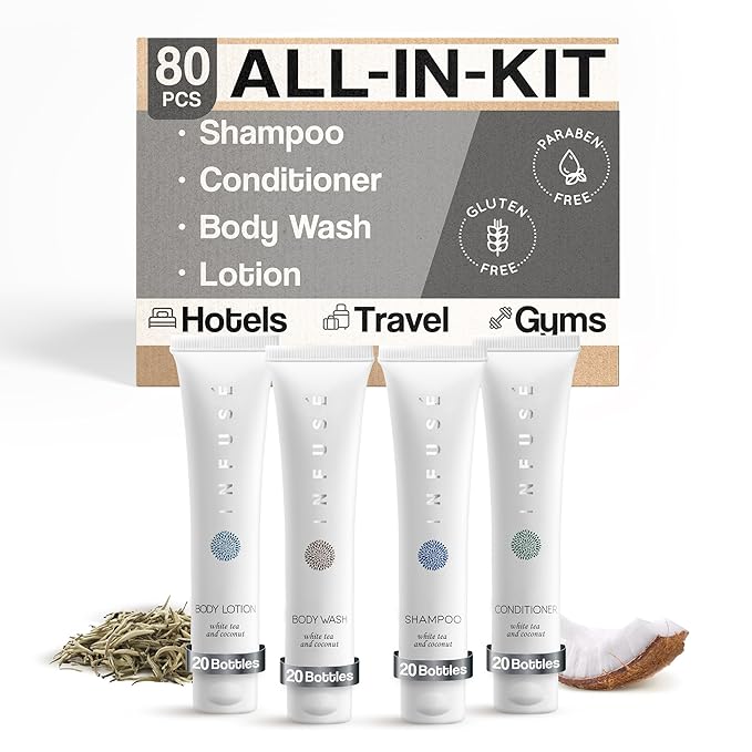 Infuse White Tea & Coconut Hotel Toiletries Bulk Set | 1-Shoppe Amenities Kit | 1oz Shampoo & Conditioner, Body Wash, Lotion | Travel Size | 80 Pieces-VivaGrace Women