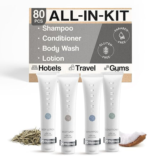 Infuse White Tea & Coconut Hotel Toiletries Bulk Set | 1-Shoppe Amenities Kit | 1oz Shampoo & Conditioner, Body Wash, Lotion | Travel Size | 80 Pieces-VivaGrace Women