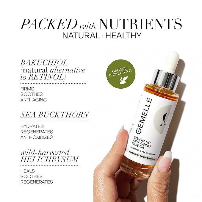 GEMELLE Lymphatic Anti-Aging Face Oil | 10x Award winner | Vitamin C,E & A | Moisturize, Repair & Protect | Bakuchiol, Sea Buckthorn & More! | Organic, Natural, Clean Beauty | Starter, Travel 15ml-VivaGrace Women