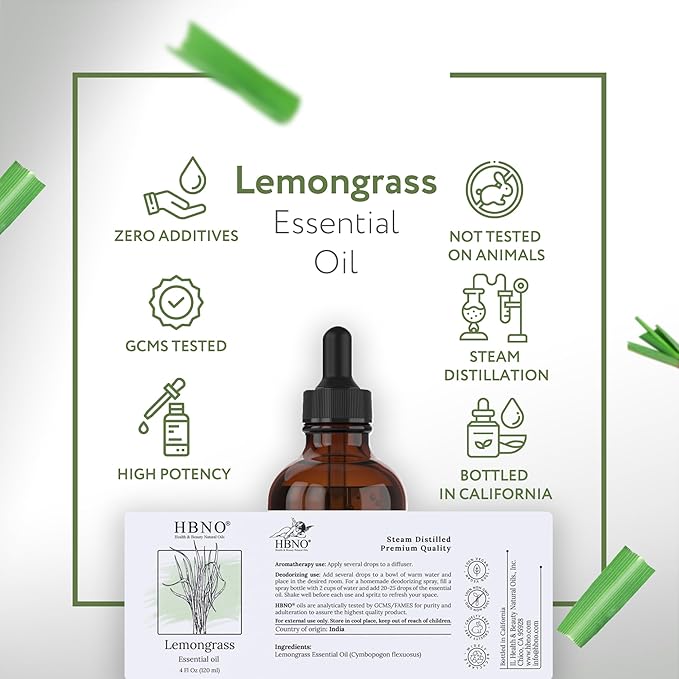 HBNO California Bottled Lemongrass Essential Oil 4 fl oz (120ml) - Natural Lemongrass Oil, Perfect for Cleaning, Aromatherapy, DIY, Soap & Diffuser -VivaGrace Women