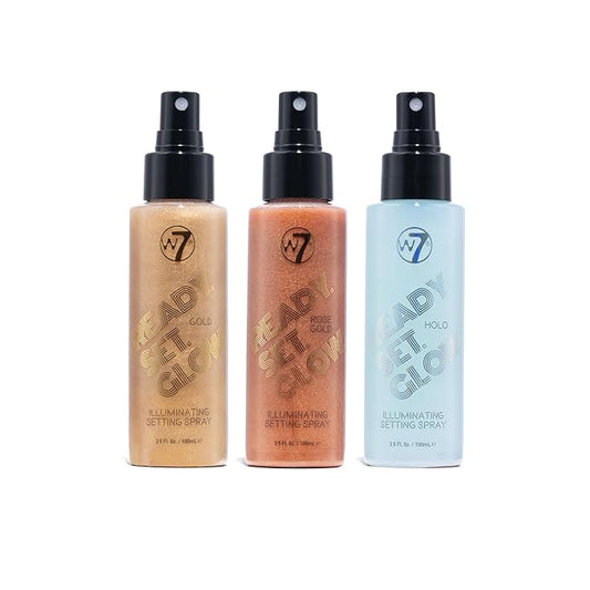 W7 Ready Set Glow Trio - 3 Piece Set - Makeup Setting Spray - Shimmer Finish - Long-Lasting, Ultra-Fine Formula (Rose Gold, Gold & Holo)-VivaGrace Women
