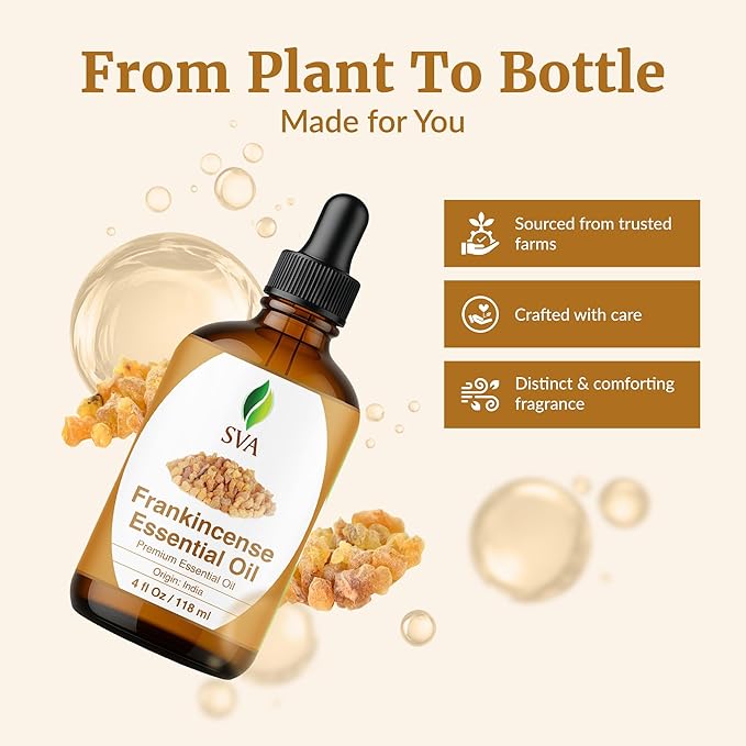 SVA Frankincense Essential Oil – 4 Fl Oz – 100% Natural Boswellia Serrata Oil - for Diffuser, Hair Care, Face, Skin Care, Aromatherapy, Scalp and Body Massage, Soap and Candle Making – with Dropper-VivaGrace Women