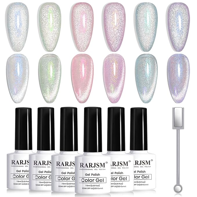 RARJSM Aurora Mermaid Cat Eye Gel Nail Polish Set 6 Colors Velvet Silver Glitter Pink Green Blue Purple Galaxy Star Shimmer Gel Polish with Magnetic Stick UV LED Curing Requires Soak Off Home Salon-VivaGrace Women