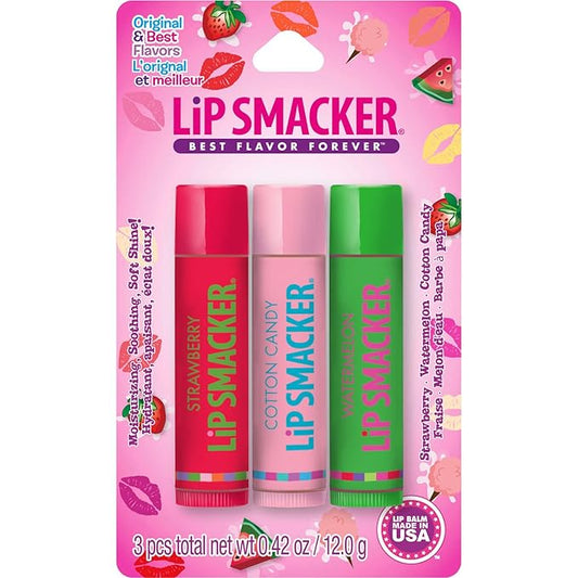 Lip Smackers Flavored Lip Balm Trio Original & Best, Strawberry Watermelon, Cotton Candy, Clear Matte, For Kids, Women, Men,3 Count (Pack of 1)-VivaGrace Women