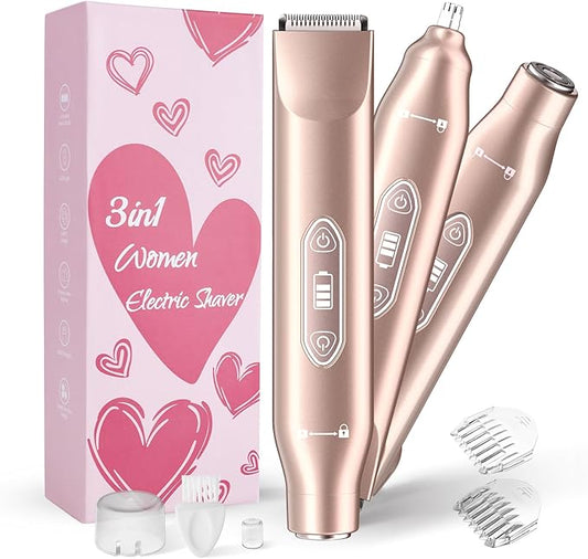 Bikini Trimmer for Women，3 in 1 Electric Razor with Ceramic Blades, IPX7 Waterproof, USB Rechargeable, Painless Hair Removal for Face，Body，Bikini Area, Travel Grooming Kit (Rose Gold)-VivaGrace Women