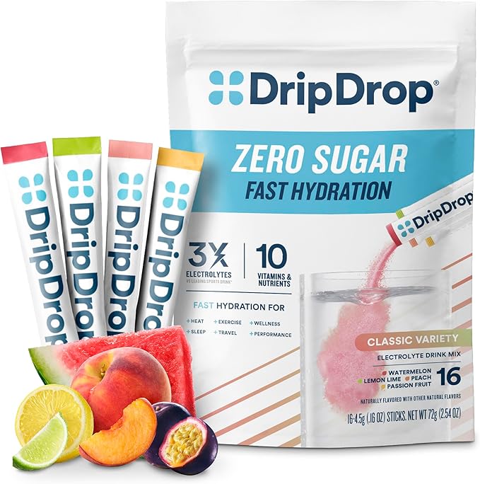 DripDrop Sugar Free Hydration Packets - Zero Classic Variety Pack - Single Serve Electrolytes Powder Drink Mix - Lemon Lime, Watermelon, Peach, Passion Fruit - Non-GMO, Gluten Free, Vegan - 16 Sticks-VivaGrace Women