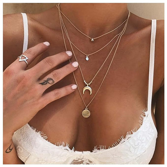 Bohemia Layered Coin Choker Necklace Moon Crescent Pendant Necklace Chain Gold Tiny Ball Necklace Multi Layer Disc Necklace Chain Jewelry for Women and Girls-VivaGrace Women