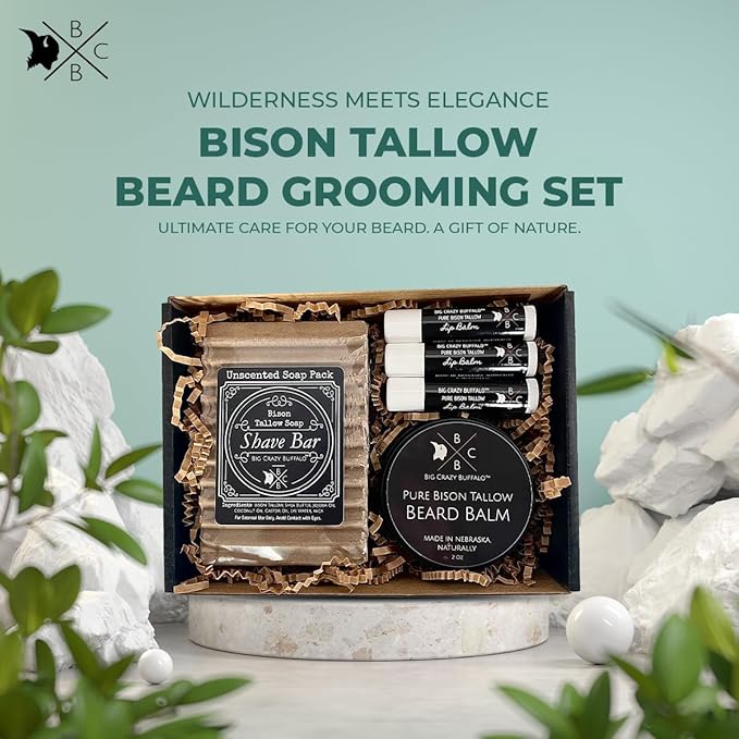 Pure Bison Tallow Beard Gift Set - Shave Bar, Beard Balm, Unscented Lip Balm - Conditions, Strengthens, Moisturizes, Soothes, Softens, Naturally Derived, No Dyes, Naturally Derived-VivaGrace Women