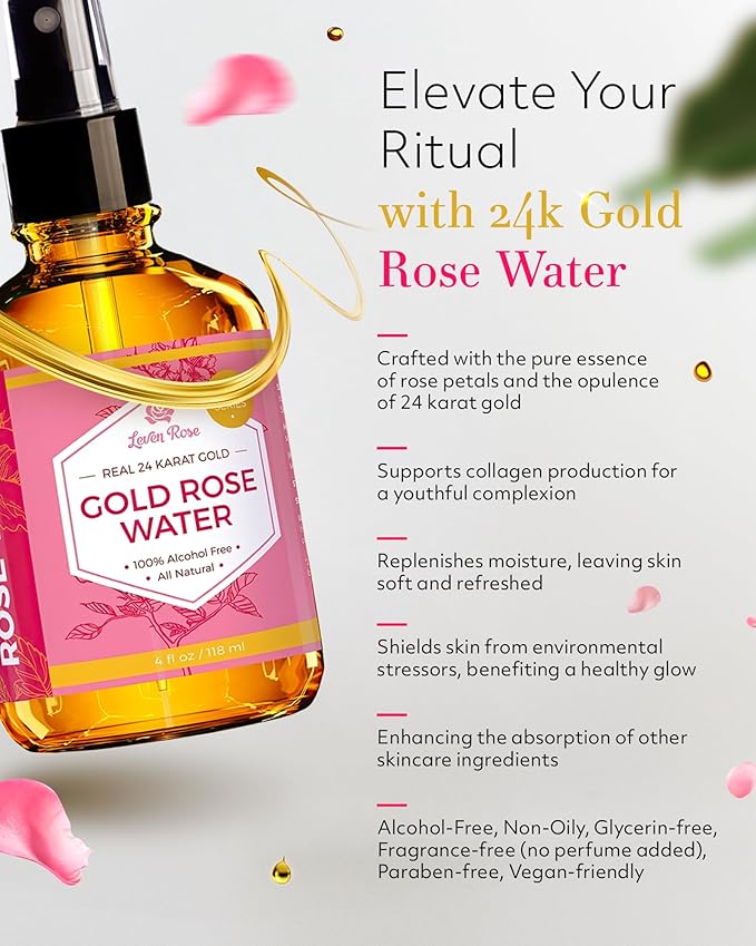 24 Karat Gold Rose Water Toner by Leven Rose Natural Moroccan 24K Rosewater Toner 4 oz-VivaGrace Women