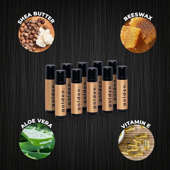Golden Grooming Co. Lip Balm Set for Men - Soothing & Moisturizing Lip Balms for Dry, Cracked, Chapped Lips - Infused with Aloe Vera & Vitamin E - Vanilla Scent - Pack of 10-VivaGrace Women