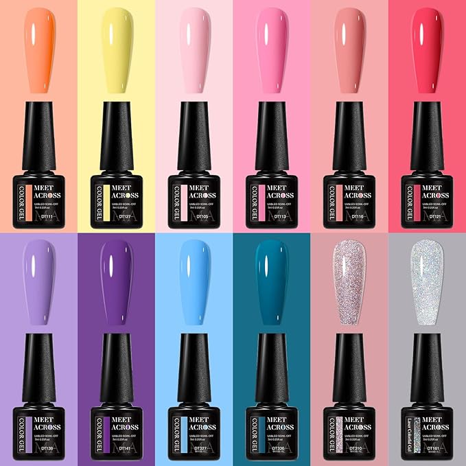 MEET ACROSS 12pcs Gel Nail Polish Set,Soak Off UV LED Lamp Gel Nail Polish Kit,Fashion Shimmer Nail Art Design Gifts for Women Manicure Salon (multi-colored)
