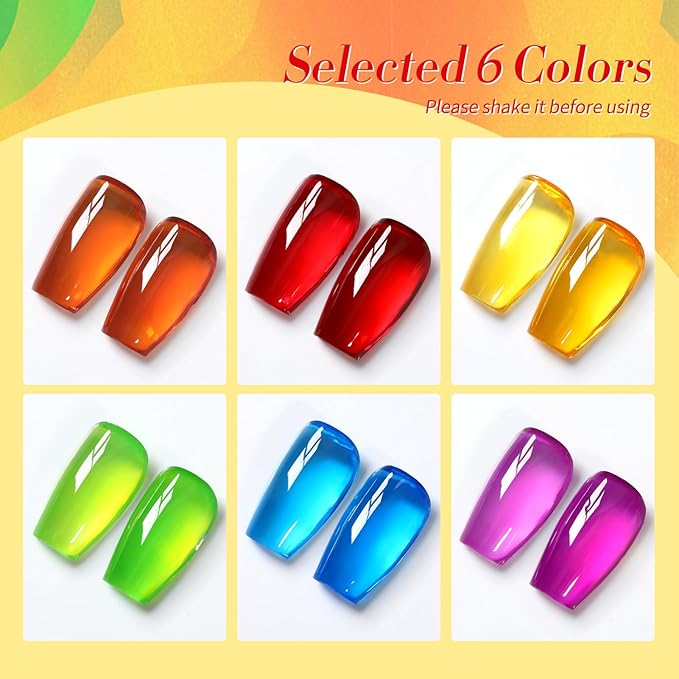 Born Pretty Neon Jelly Gel Nail Polish Glass Crystal Transparent Halloween Collection Soak Off Gel Nail Kit Minicure DIY Gifts 6PCS-VivaGrace Women
