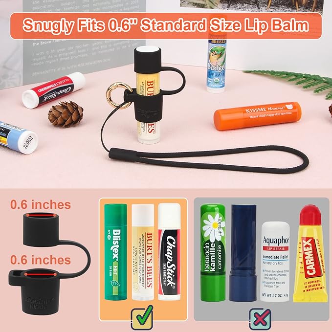 Desing Wish 2 PCS Silicone Lip Balm Holder with Cap Cover Portable Chapstick Holder Keychain Sleeve Lip Balm Key Chain with Key Ring and Wrist Strap Lanyard - Black-VivaGrace Women