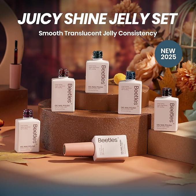 Beetles Jelly Gel Nail Polish Set - 6 Colors Mocha Brown Burgundy Red Purple Green Blue Fall Gel Polish Kit Sheer Translucent Effect Soak Off UV Midnight Syrup Nail Art Manicure Gift for Women-VivaGrace Women