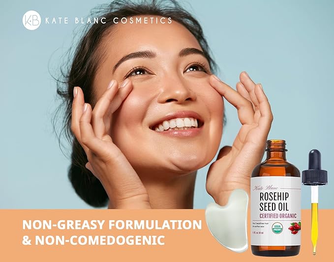 Kate Blanc Cosmetics Rosehip Oil for Face with Stainless Gua Sha (1oz, Organic, Pure, Cold Pressed) Rosehip Seed Face Oil for Gua Sha Massage-VivaGrace Women