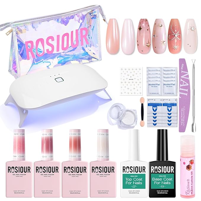 Jelly Gel Nail Polish Kit with U V Light, Hema-Free Milky Nude Sheer White Pink Gliter Gel Polish Set with Base & Top Coat Chrome Nail Powder, 4 Colors Mini Salon Nail Art Starter Gift for Women Girl-VivaGrace Women