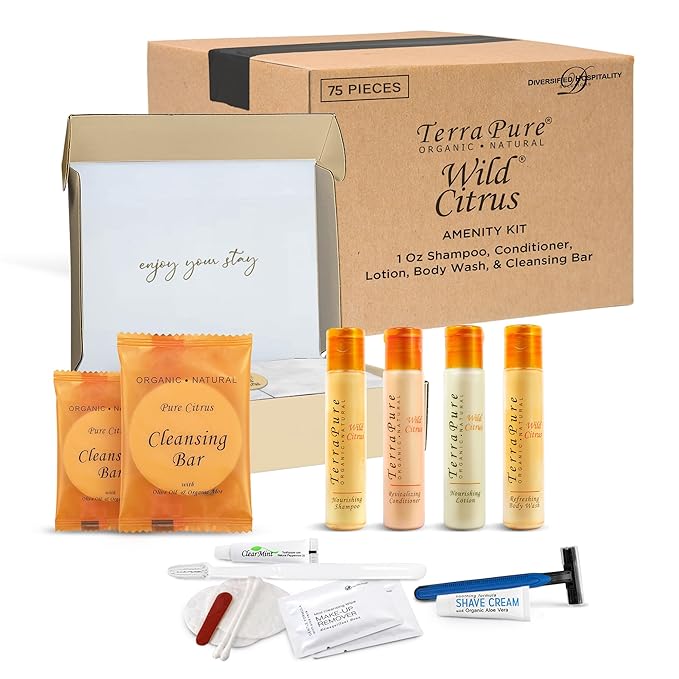 Terra Pure Amenity & Accessory Kit |1 oz Travel Size Shampoo, Conditioner, Lotion, Body Wash, 2 Cleansing Bars, Shave & Dental Sets, Make-Up Remover Wipes, & Vanity Kit | 15 sets per case-VivaGrace Women