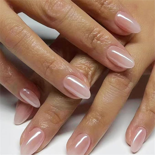 Nude Fake Nails Short Almond Press on Nails with Cat Eye Designs Pearlescent Glue on Acrylic Nails Glossy Full Cover False Nails for Women and Girls