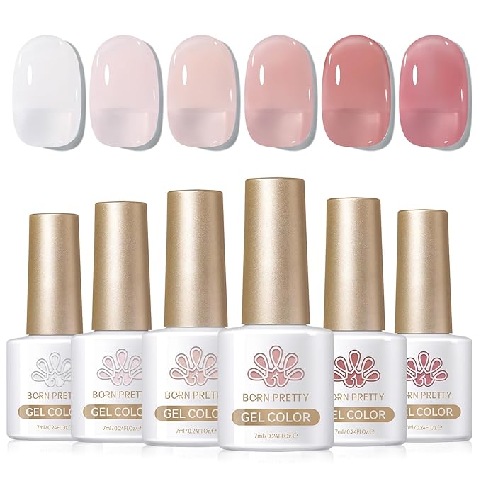 Born Pretty Milky White Jelly Nude Pink Gel Nail Polish Translucent Natural Sheer Pink Soak Off U v Light Cure Gel Polish Kit for Salon and Nail Art DIY at Home 6Colors-VivaGrace Women