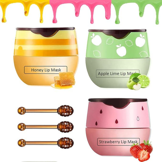 Bee Lip Balm Honey Pot,3 PCS Strawberry&Honey&Apple Lime Lip Sleeping Mask,Hydrating Prevention Dry and Cracked Lip Scrubs Exfoliator Lip Care,Moisturizing Lip Mask Overnight Reduces Lip Lines-VivaGrace Women