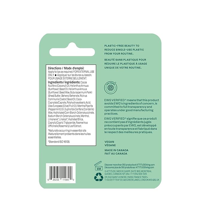 ATTITUDE Lip Balm, Natural Origin, Nourishes & Protects, Shea Butter, Coconut & Olive Oils, EWG Verified, For Dry Lips, Men and Women, Vegan, Fresh Mint, 0.3 Oz-VivaGrace Women