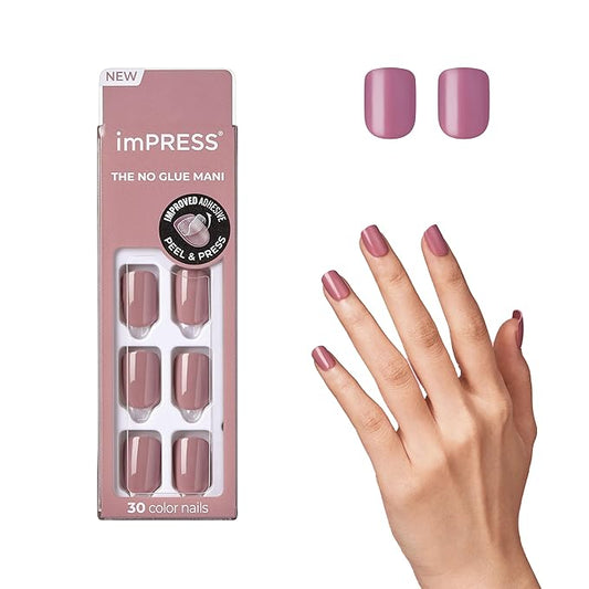KISS imPRESS No Glue Mani Press On Nails, Color, 'Petal Pink', Pink, Short Size, Squoval Shape, Includes 30 Nails, Prep Pad, Instructions Sheet, 1 Manicure Stick, 1 Mini File