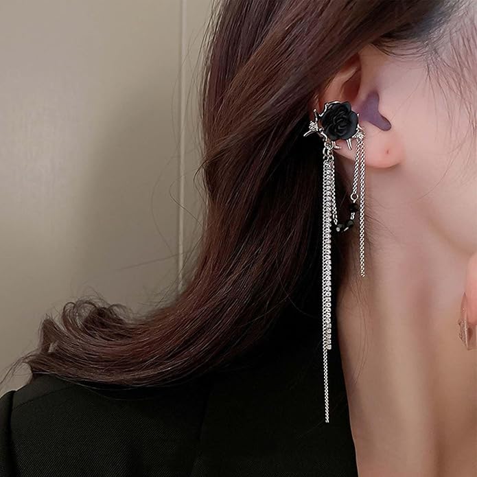 Punk Black Rose Flower Earring Long Rhinestone Chain Drop Earrings Silver Cz Tassel Chain Earrings Black Rose Flower Ear Cuff Earring Jewelry for Women-VivaGrace Women