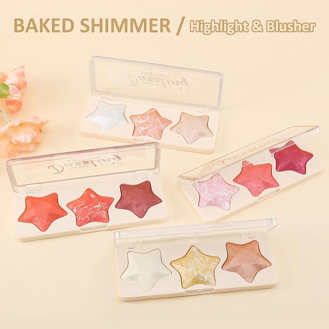 Boobeen 3 Colors Baked Shimmer Highlight & Blush Palette, Powder Palette Facial Bronzers Illuminator Makeup Palette, Lightweight Highlighter Blusher Contour for Cheeks, Lasting Natural Glowing-VivaGrace Women