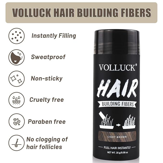 VOLLUCK Hair Fibers for Thinning Hair, Instant Coverage Hair Building Fibers for Women and men, Natural Hair Powder for Conceal Hair Loss 28 g (Light Brown)-VivaGrace Women