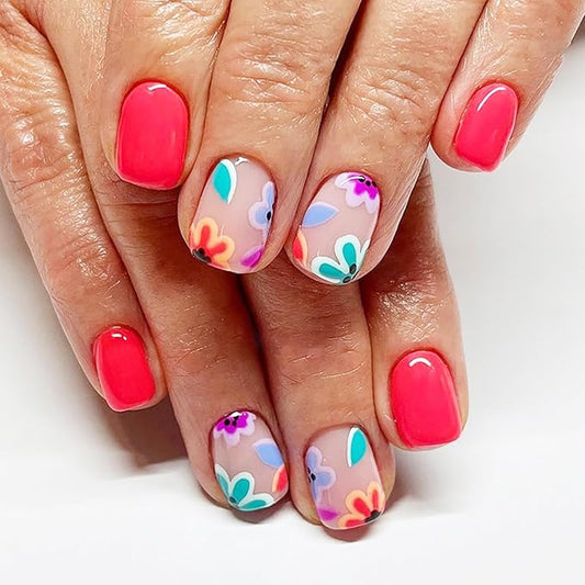 Short Press on Nails Square Fake Nails with Cute Flower Press Ons Design Acrylic Nails Orange Red Glossy Glue on Nails Full Cover Coffin False Nails Daisy Artificial Stick on Nails for Women 24Pcs